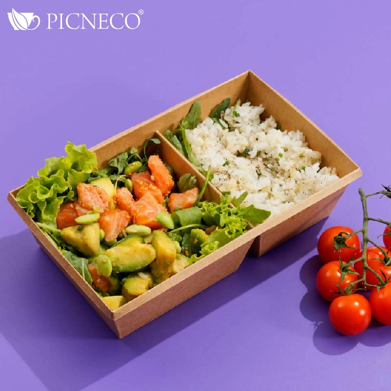 товар Контейнер 2-х секционный бумажный 800мл, крафт, серия OneClick, (крышка отдельно) OKS080